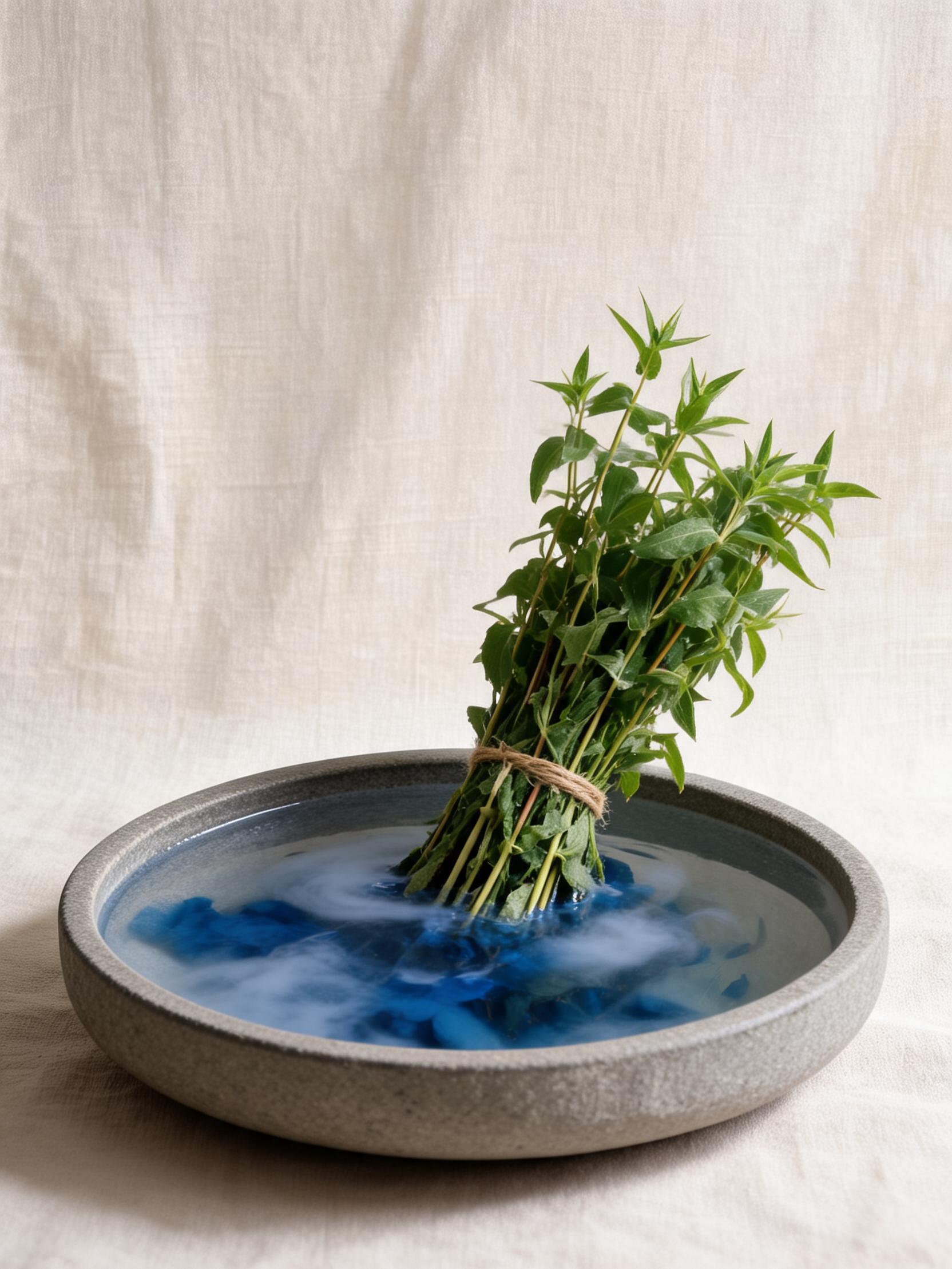 靛蓝颜色来源：蓝草茎叶与植物染液